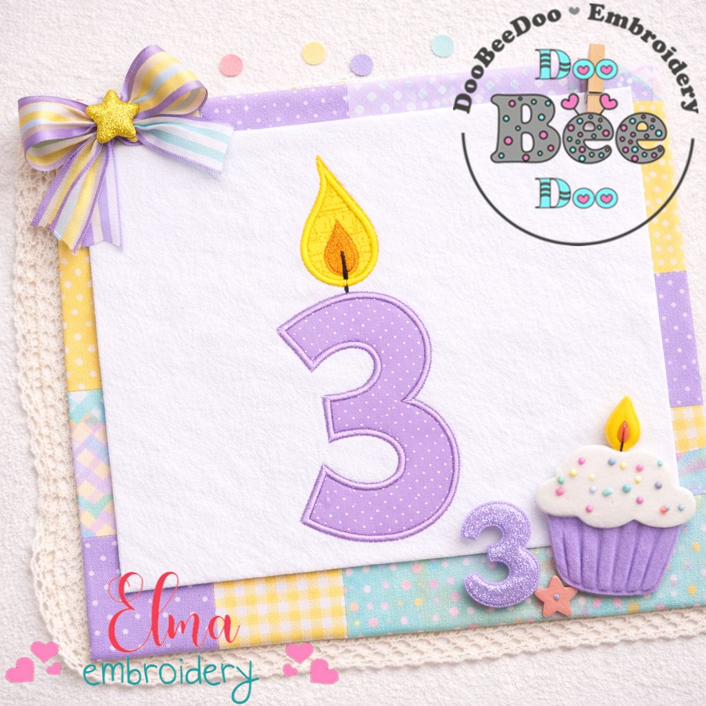 Cute Birthday Candle Number 3 - Appliqué - Machine Embroidery Design