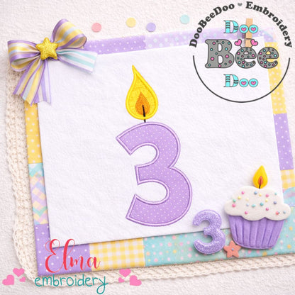 Cute Birthday Candle Number 3 - Appliqué - Machine Embroidery Design