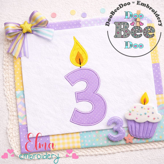 Cute Birthday Candle Number 3 - Appliqué - Machine Embroidery Design