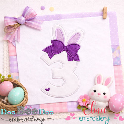 Cute Bunny Number 3 with Bow - Appliqué - Machine Embroidery Design