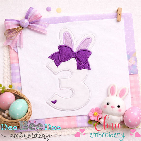 Cute Bunny Number 3 with Bow - Appliqué - Machine Embroidery Design