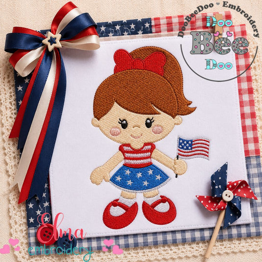 Sweet Patriotic Girl with Flag - Fill Stitch – Machine Embroidery Design