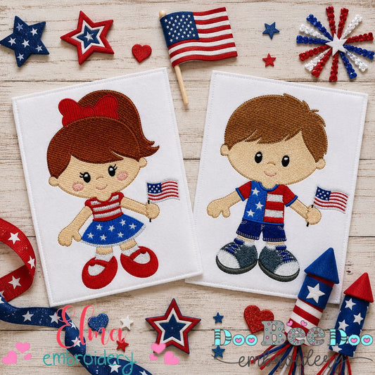 Sweet American Kids with Flag – Fill Stitch – Machine Embroidery Design