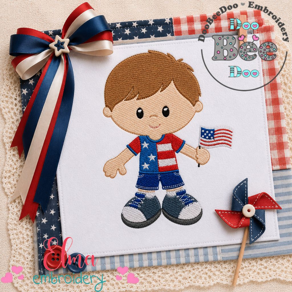 Cute Boy with Flag – Fill Stitch – Machine Embroidery Design