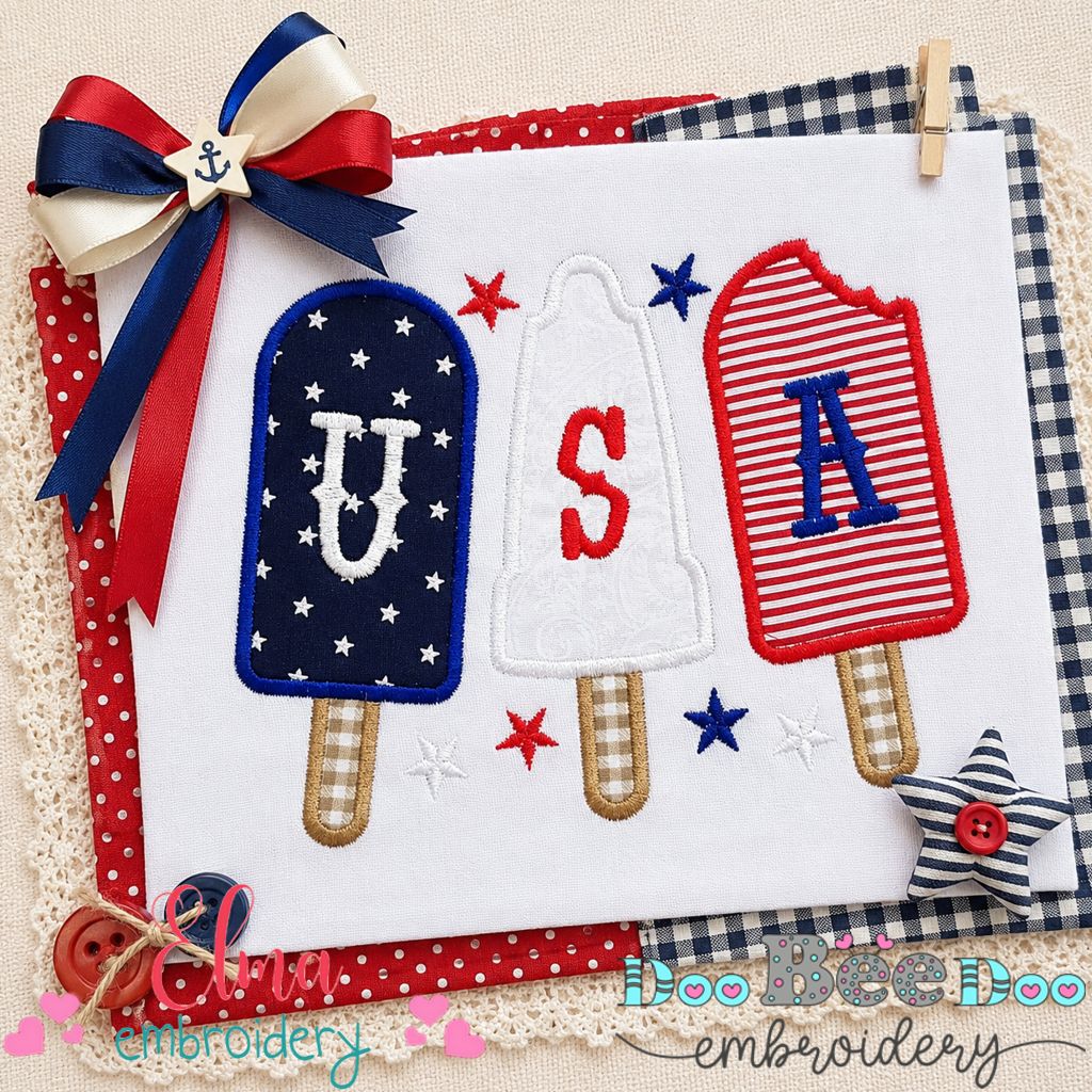 Patriotic Popsicle Trio - Applique - Machine Embroidery Design