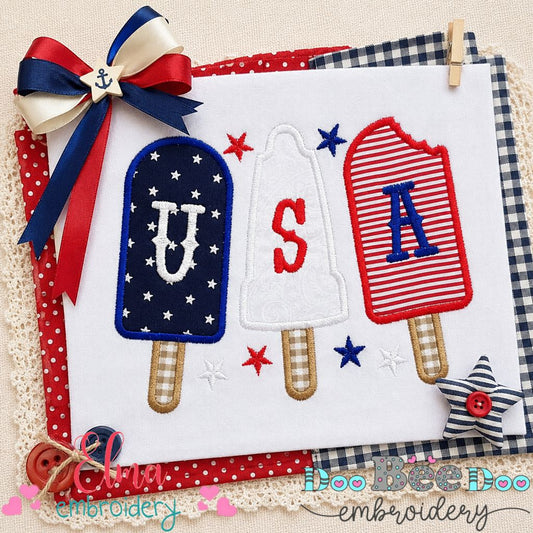Patriotic Popsicle Trio - Applique - Machine Embroidery Design