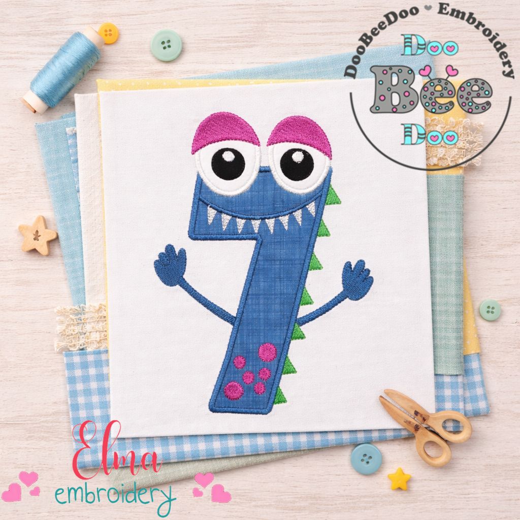 Monster Number 7 Birthday Appliqué - Machine Embroidery Design