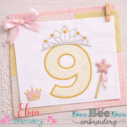Princess Crown Number 9 - Appliqué - Machine Embroidery Design