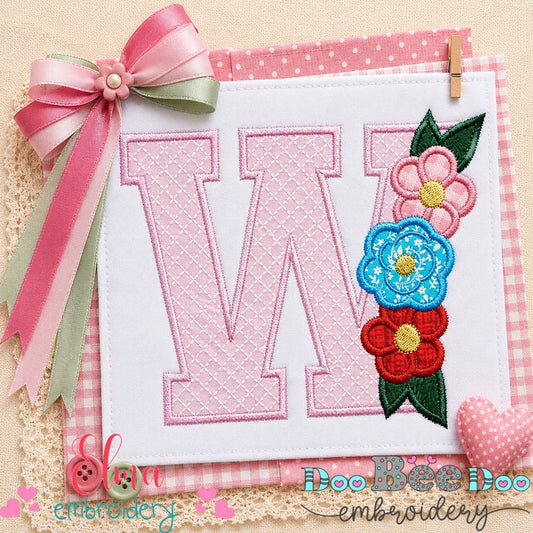 Floral Letter W Monogram - Appliqué - Machine Embroidery Design