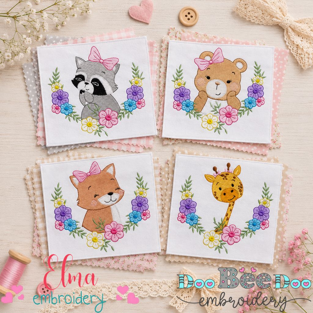Sweet Woodland Animals With Flowers Collection – Fill Stitch – Machine Embroidery Design