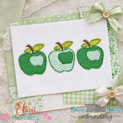 Three Green Apples Zigzag Appliqué Embroidery Design – School & Teacher Theme