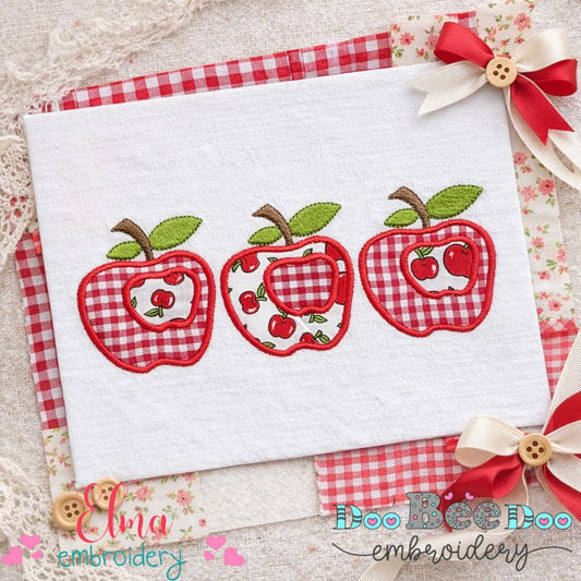 Three Apples Appliqué Embroidery Design - Cute Apple Trio - Machine Embroidery File
