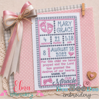 Baby Girl Our Miracle Birth Announcement Template - Applique - Machine Embroidery Design