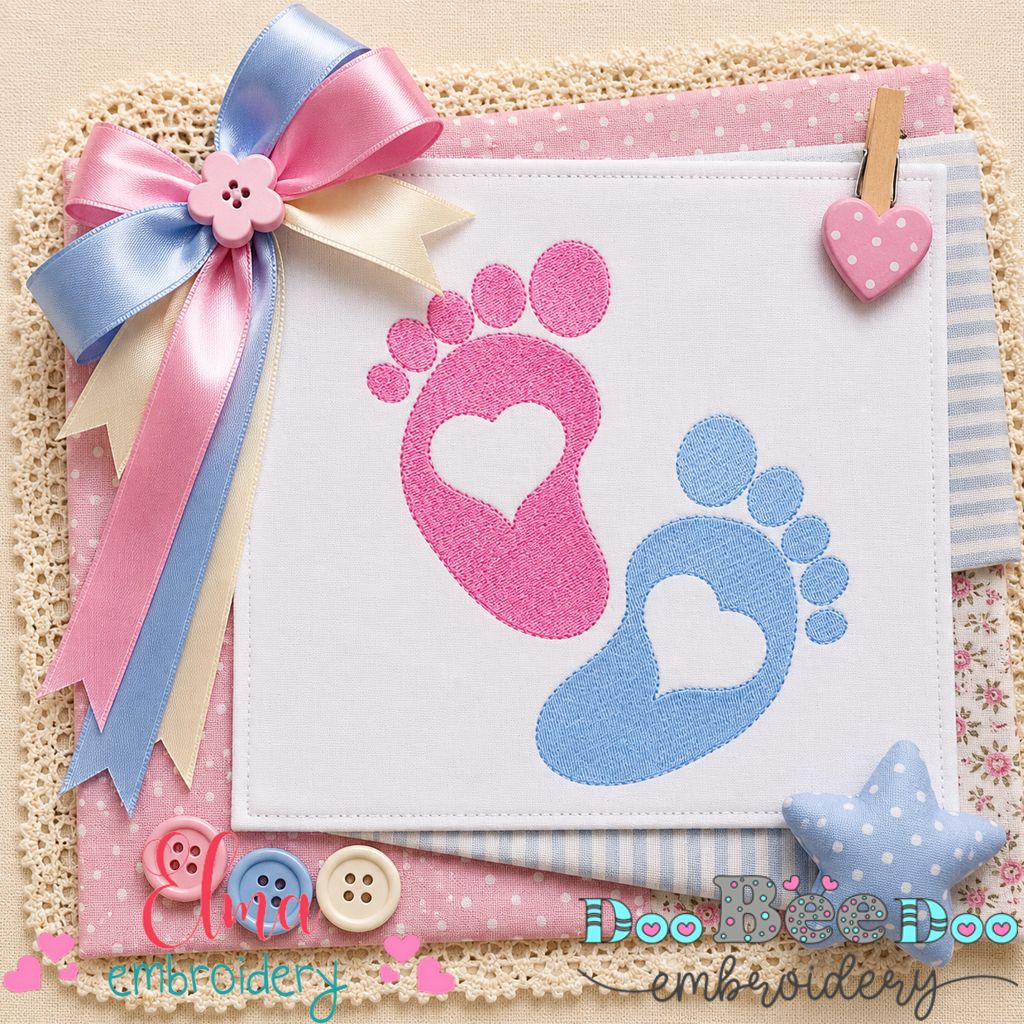 Tiny Baby Feet with Hearts - Fill Stitch - Machine Embroidery Design