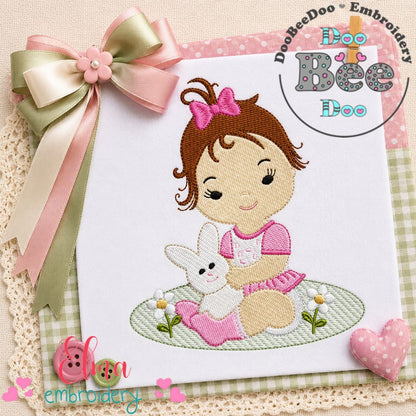 Sweet Baby Girl with Bunny - Fill Stitch - Machine Embroidery Design