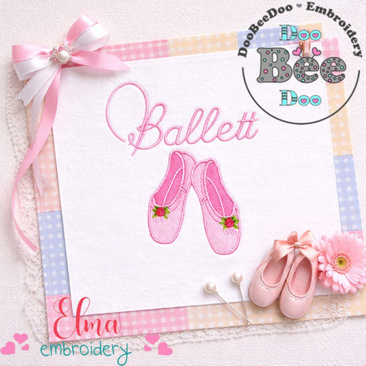 Ballet Shoes with Ballet Script - Fill Stitch - Machine Embroidery Design