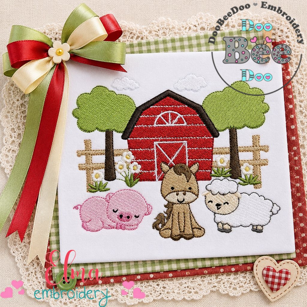 Sweet Farm Barn Animals Scene – Fill Stitch – Machine Embroidery Design