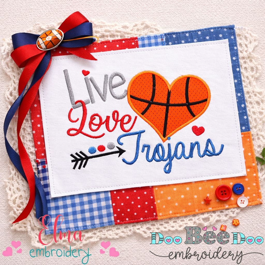 Live Love Trojans Basketball Heart - Appliqué - Machine Embroidery Design