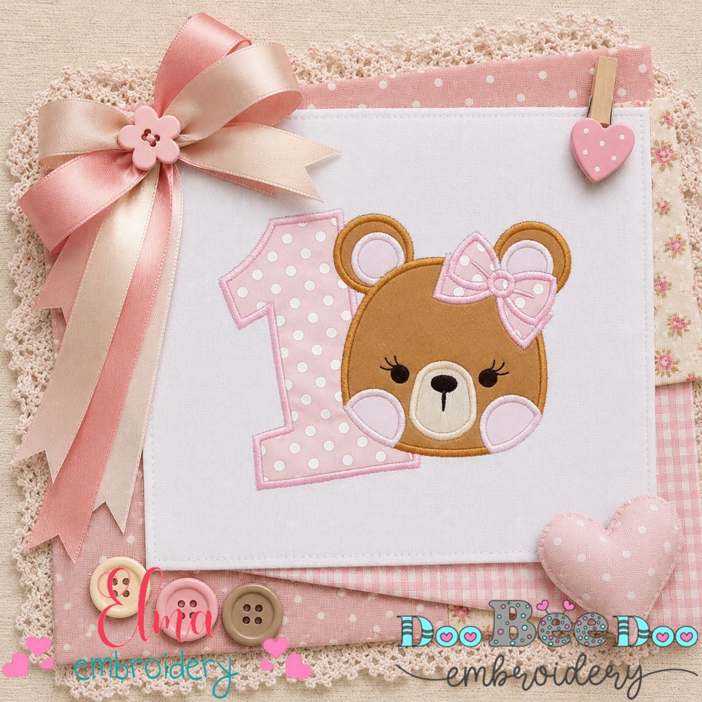 Sweet Teddy Birthday One - Appliqué - Machine Embroidery Design