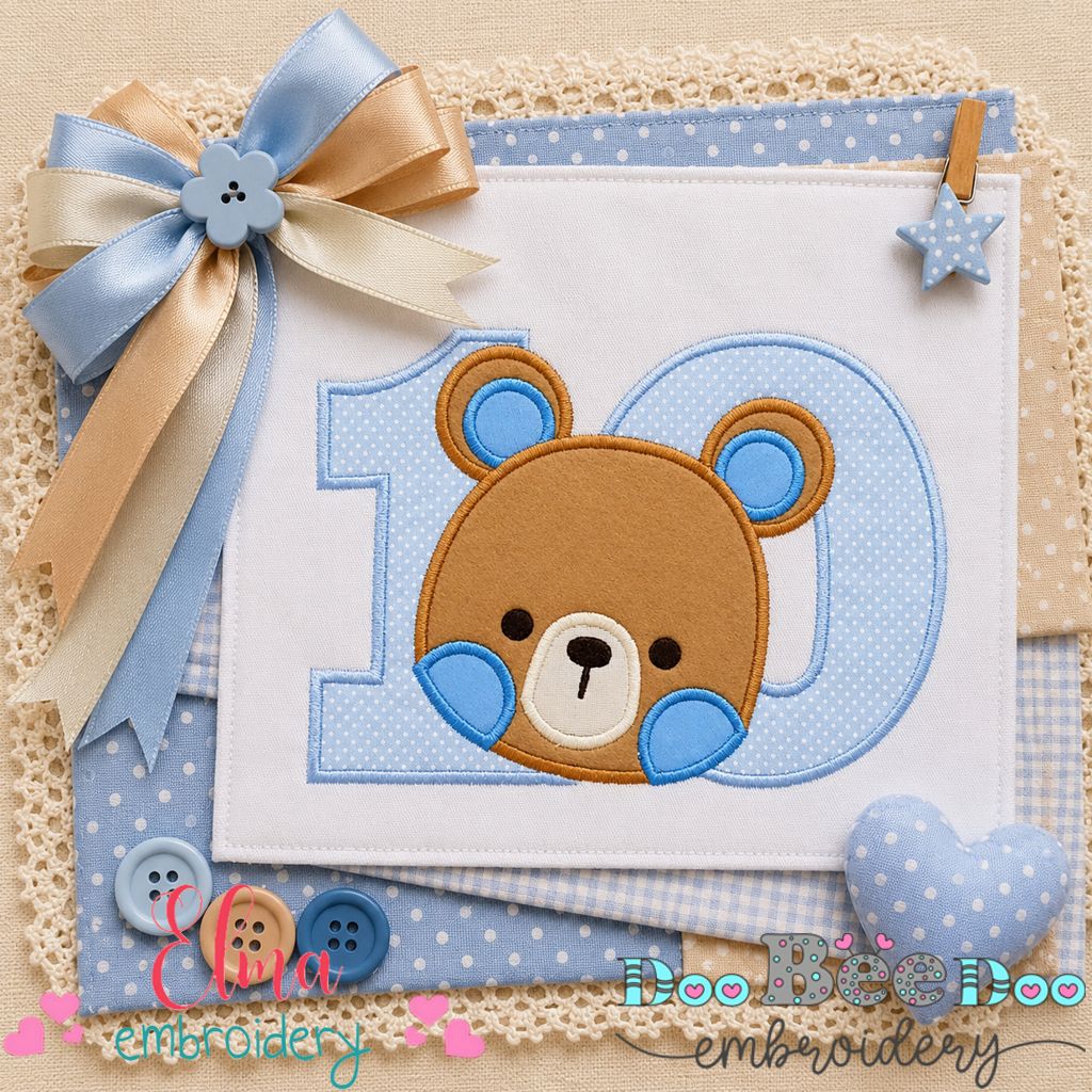 Sweet Teddy Number Ten - Appliqué - Machine Embroidery Design