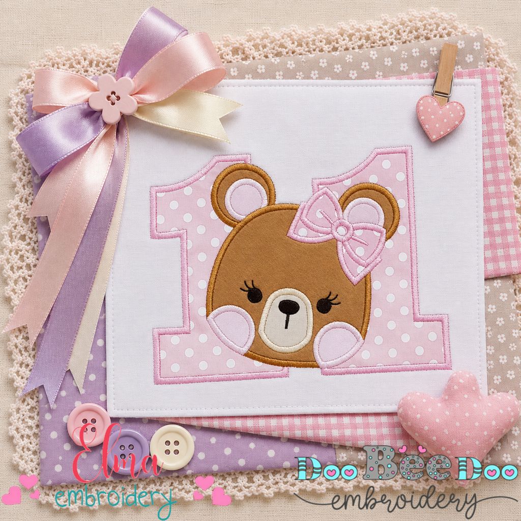 Sweet Teddy Number Eleven - Appliqué - Machine Embroidery Design