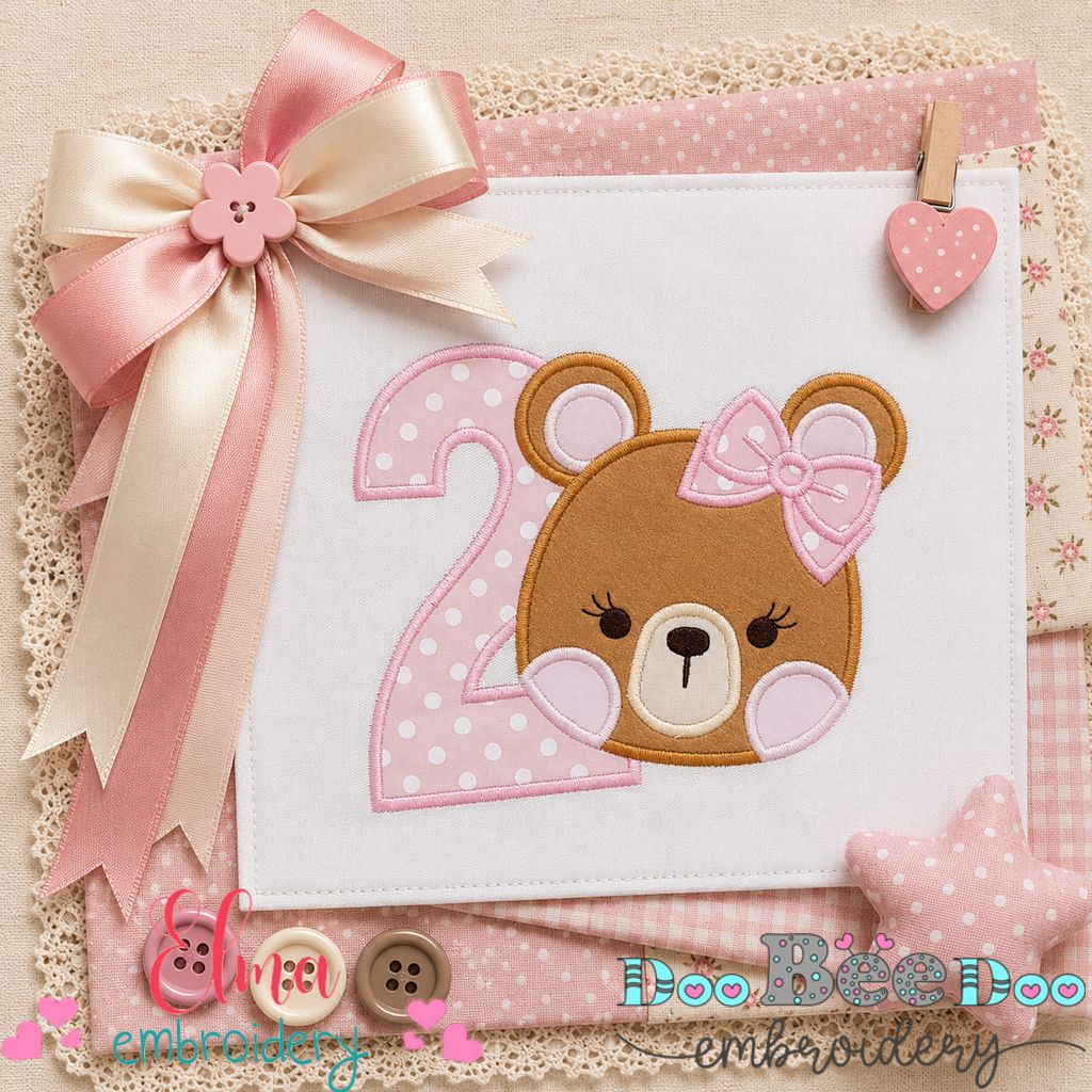 Sweet Teddy Birthday Two - Appliqué - Machine Embroidery Design