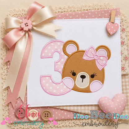 Sweet Teddy Birthday Three - Appliqué - Machine Embroidery Design