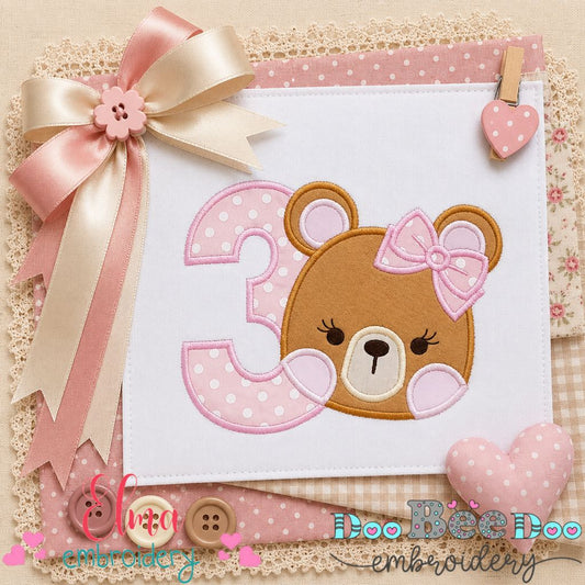 Sweet Teddy Birthday Three - Appliqué - Machine Embroidery Design