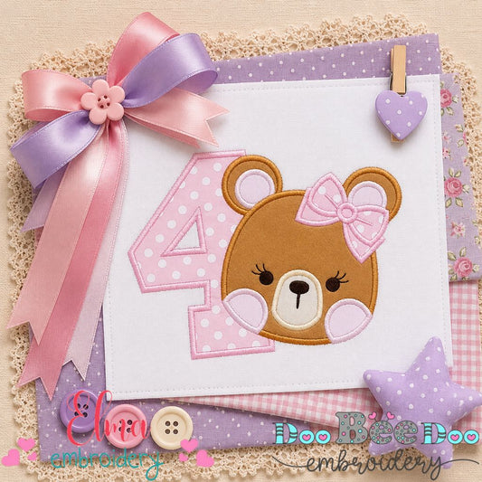 Sweet Teddy Birthday Four - Appliqué - Machine Embroidery Design
