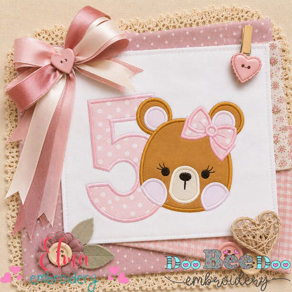 Sweet Teddy Birthday Five - Appliqué - Machine Embroidery Design