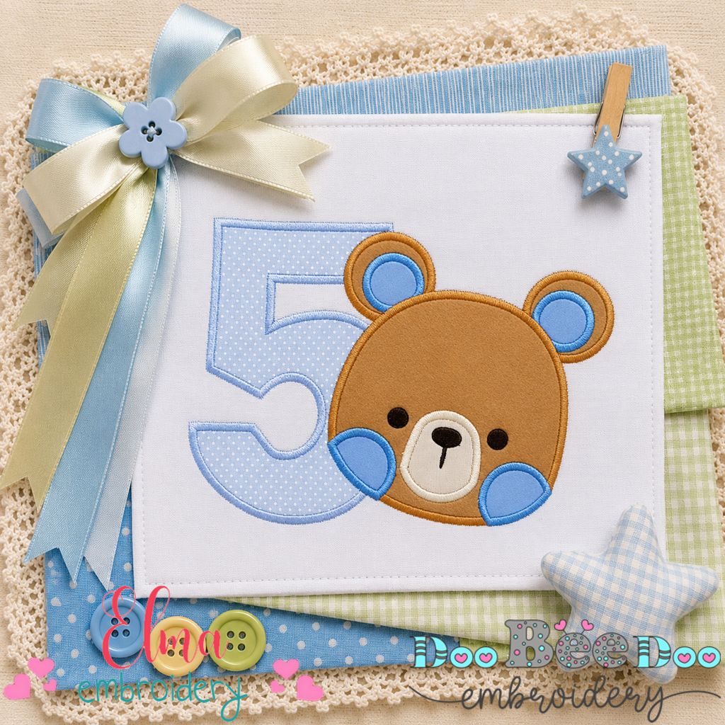 Sweet Teddy Number Five - Appliqué - Machine Embroidery Design