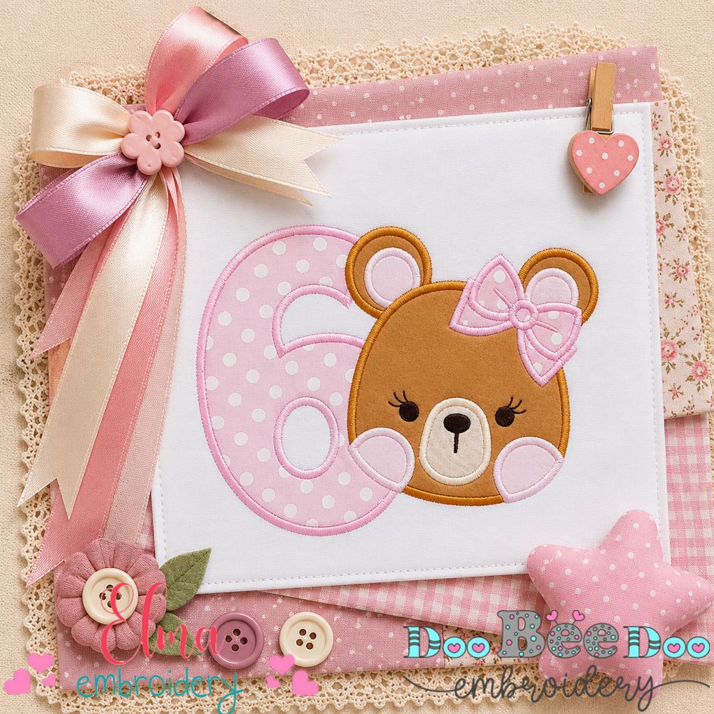 Sweet Teddy Birthday Six - Appliqué - Machine Embroidery Design