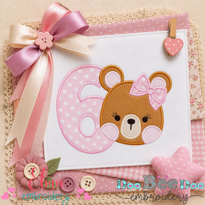 Sweet Teddy Birthday Six - Appliqué - Machine Embroidery Design