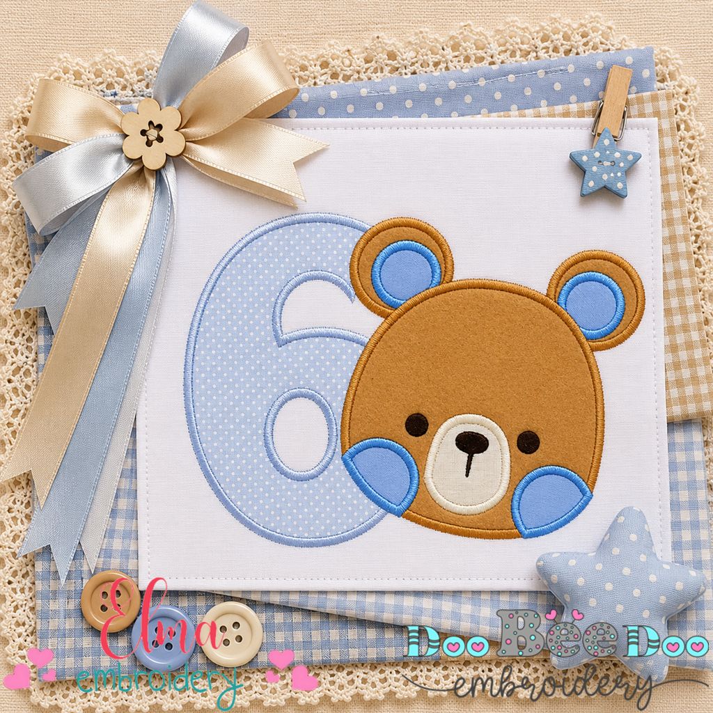 Sweet Teddy Number Six - Appliqué - Machine Embroidery Design