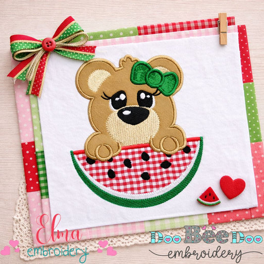 Cute Bear Girl with Watermelon – Appliqué – Machine Embroidery Design