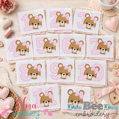 Sweet Teddy Girl Birthday Numbers – Appliqué – Machine Embroidery Design