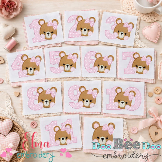 Sweet Teddy Girl Birthday Numbers – Appliqué – Machine Embroidery Design