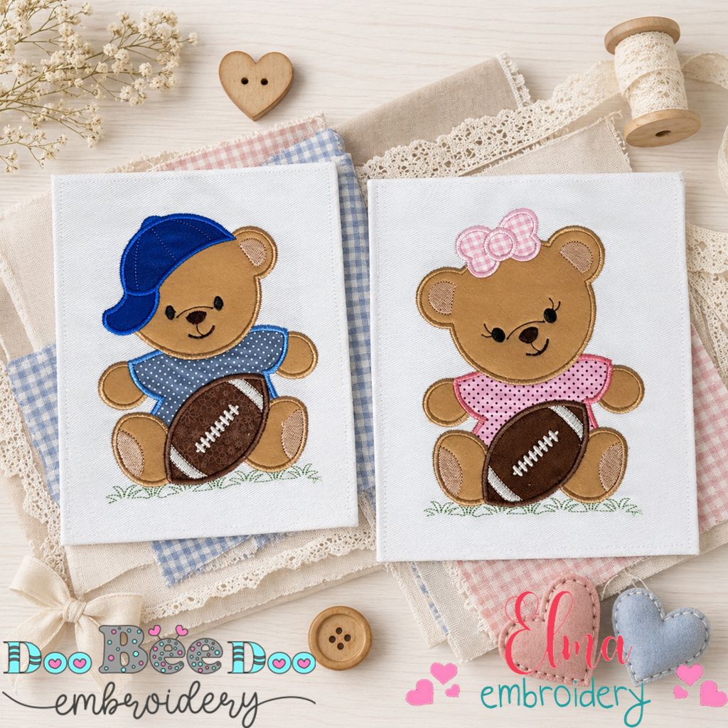 Sweet Football Teddy Bears Set – Appliqué – Machine Embroidery Design