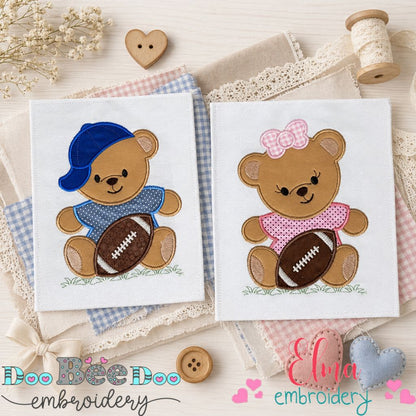 Sweet Football Teddy Bears Set – Appliqué – Machine Embroidery Design