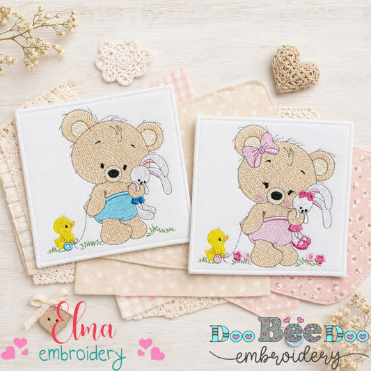 Sweet Teddy Bear Bunny Duo – Fill Stitch – Machine Embroidery Design