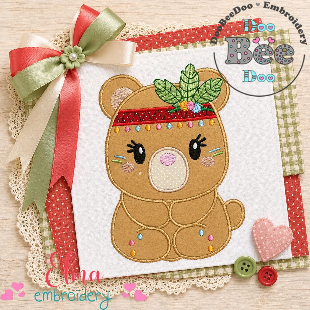 Boho Bear with Floral Headband – Appliqué – Machine Embroidery Design