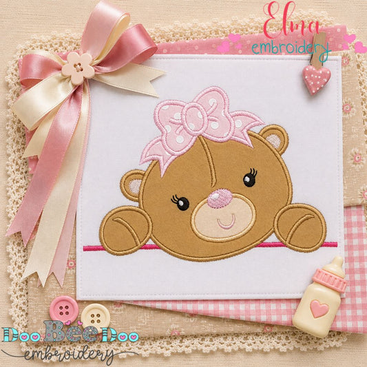 Sweet Baby Girl Bear Peek - Appliqué - Machine Embroidery Design