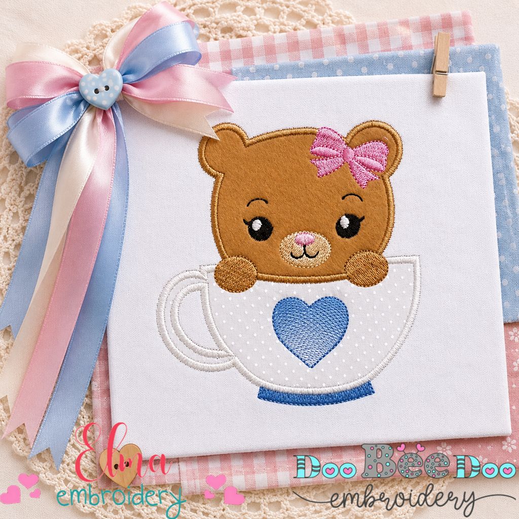 Bear Girl in the Cup – Appliqué – Machine Embroidery Design