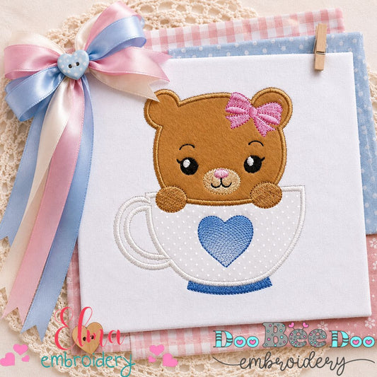 Bear Girl in the Cup – Appliqué – Machine Embroidery Design