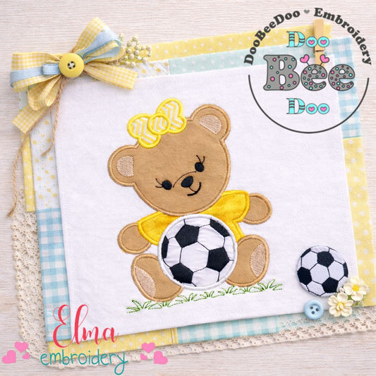 Soccer Teddy Bear Girl - Appliqué - Machine Embroidery Design