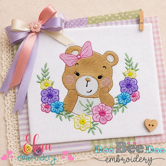 Sweet Floral Teddy Bear - Fill Stitch - Machine Embroidery Design