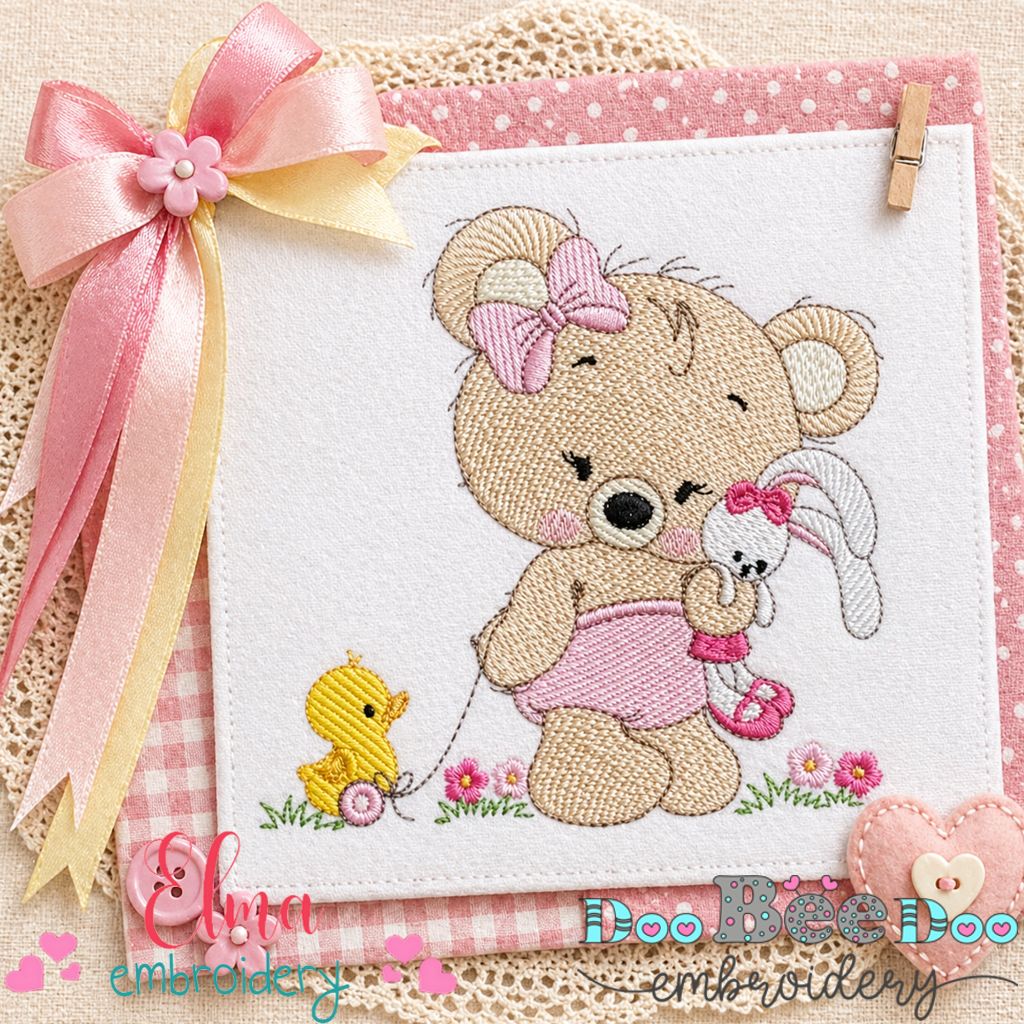 Sweet Bear Girl with Bunny - Fill Stitch – Machine Embroidery Design