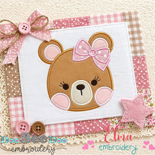 Sweet Teddy Bear Girl Face - Appliqué - Machine Embroidery Design