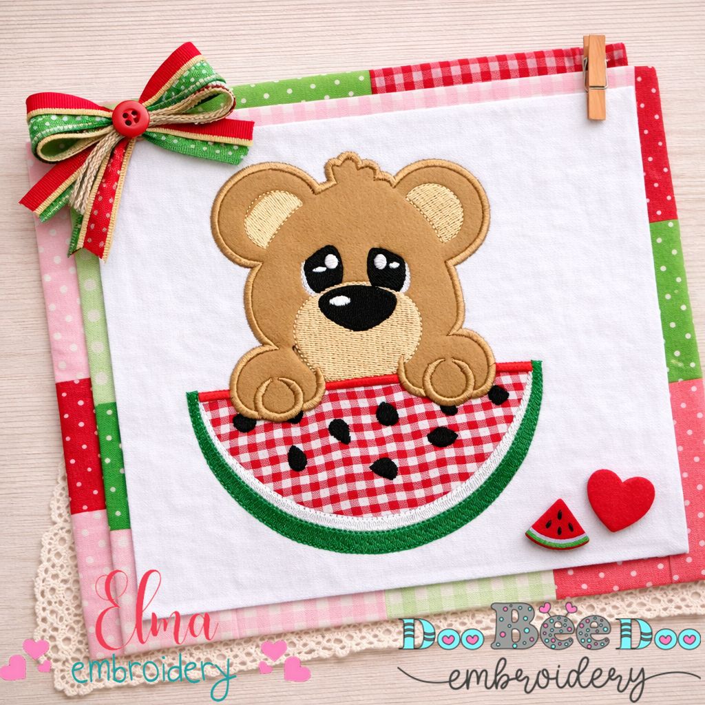Cute Bear Boy with Watermelon – Appliqué – Machine Embroidery Design