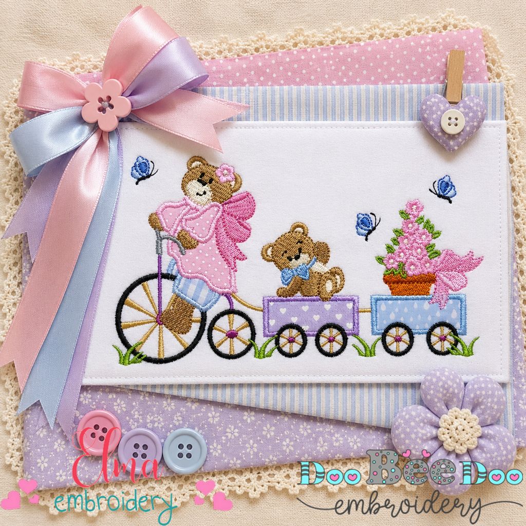 Bear Girl Bicycle Train - Appliqué - Machine Embroidery Design
